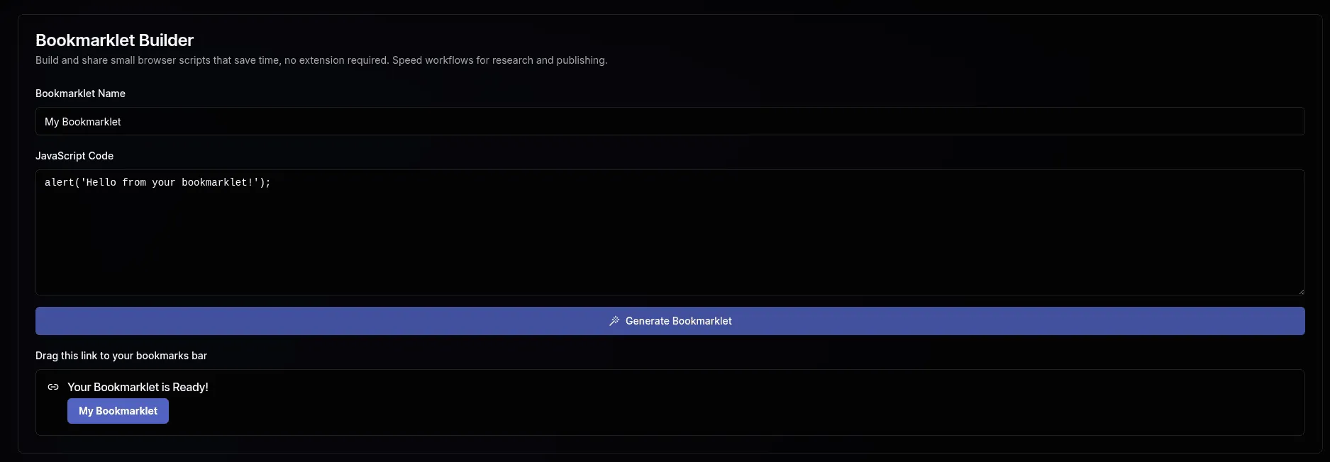 Bookmarklet Builder | Create Custom JS Bookmarklets Online