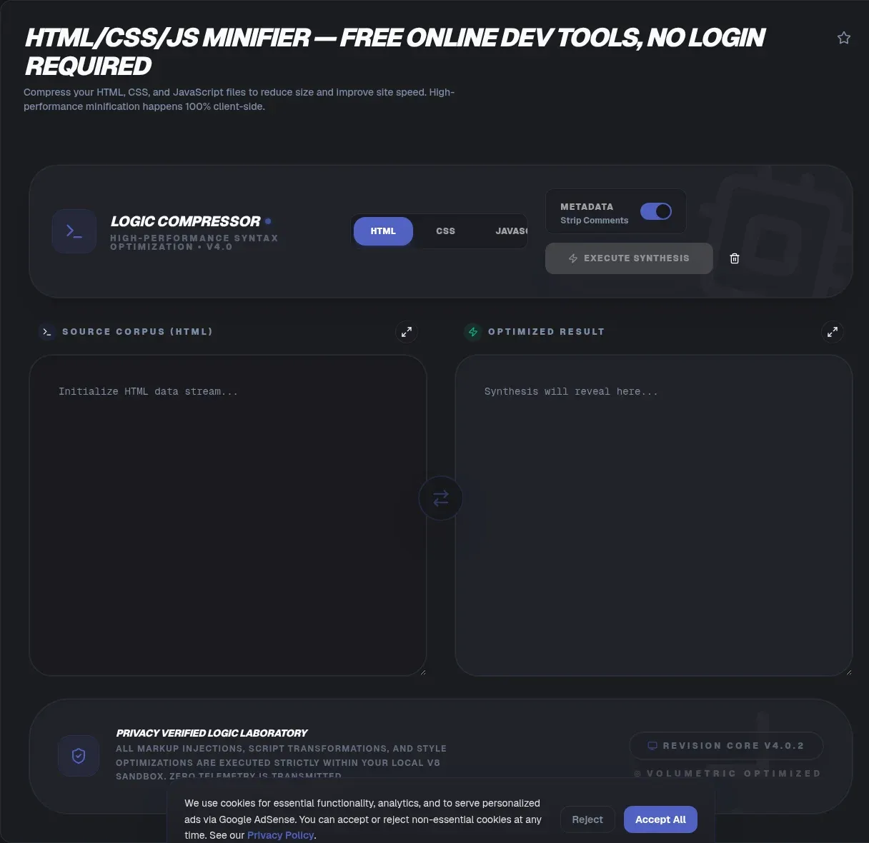 HTML CSS JS Minifier: Minify Code Online, Zero Uploads