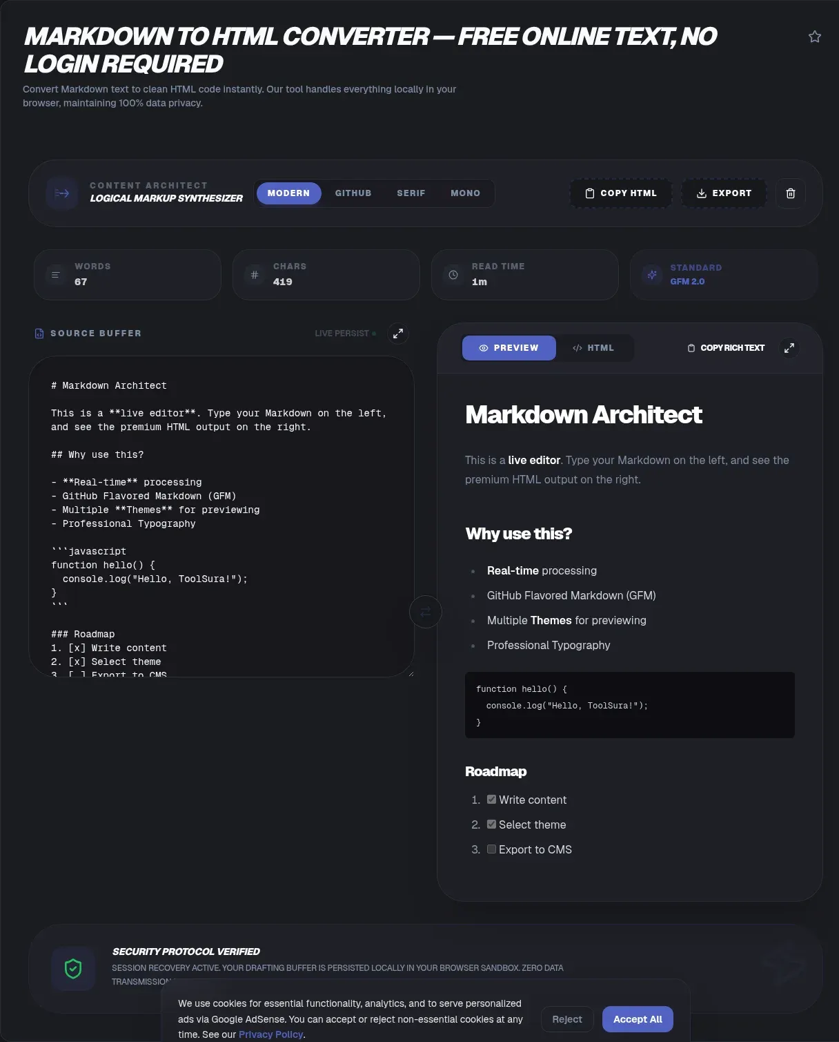 About ToolSura's Markdown to HTML Converter