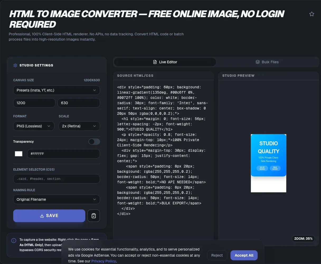 HTML to Image Converter: JPEG, PNG, WebP, In Your Browser