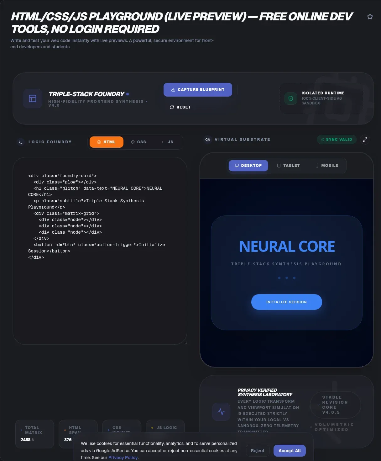 HTML CSS JS Playground: Instant Live Preview, No Login
